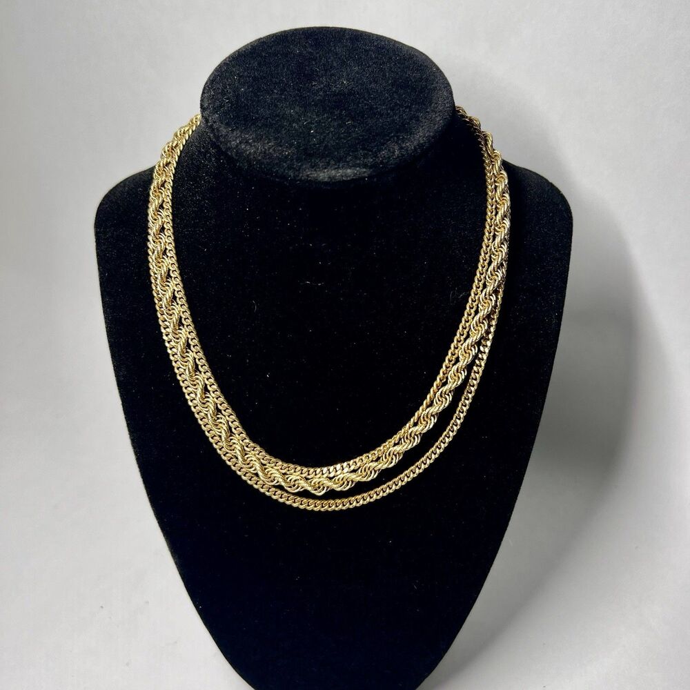 Vintage Monet Signed Triple Strand Gold Tone Rope Curb Chain Choker Necklace 15"